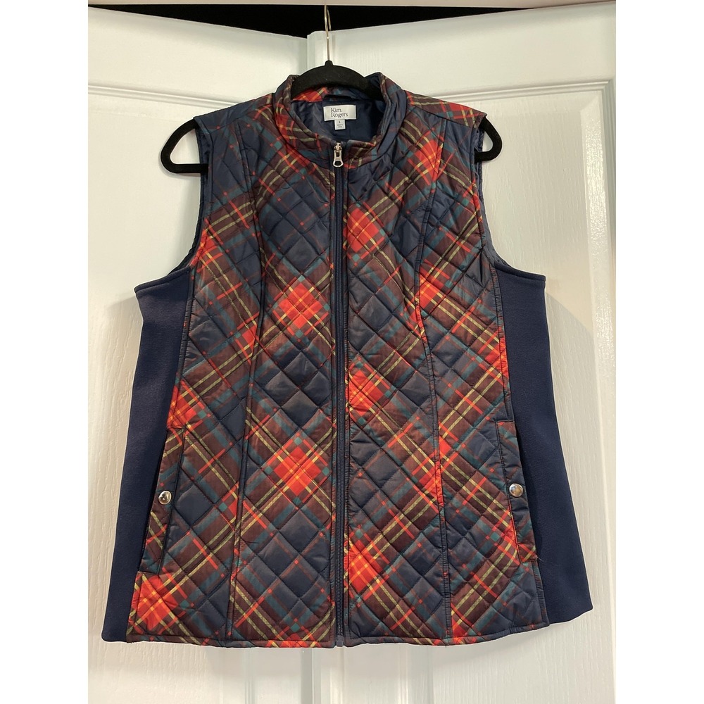 Kim Rogers Vest Womens Large Navy Red Plaid Quilted Full Zip Snap Pockets Tartan